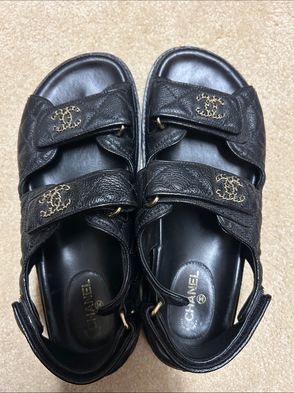 CHANEL DAD SANDAL Black Quilted Double-Strap Leather Sandals with Gold CC